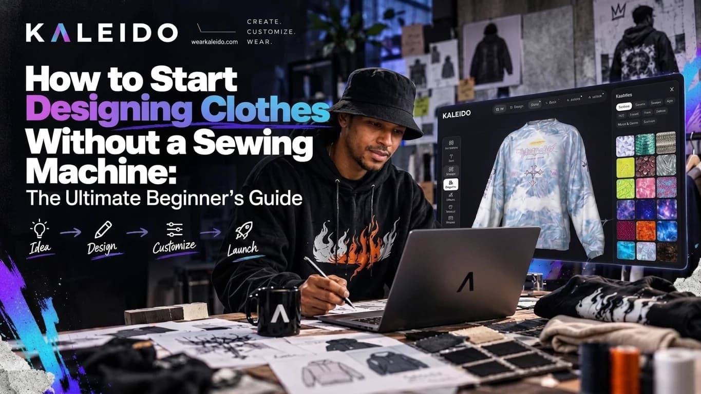 Kaleido illustration of a creator developing clothing artwork beside a digital garment preview