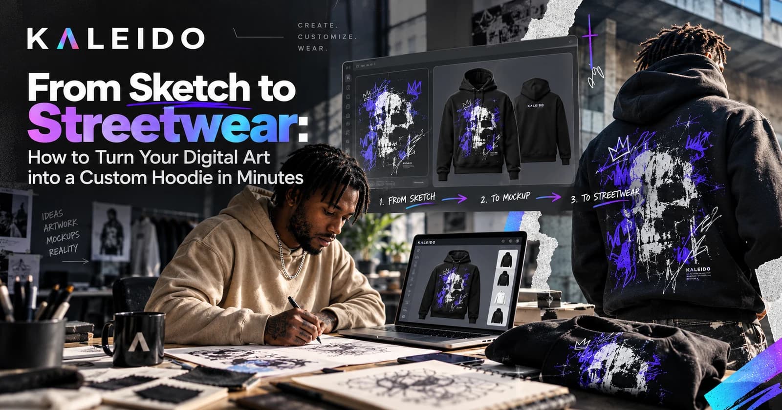 Kaleido collage showing a sketch, a digital hoodie concept and a wearer with purple-and-white artwork